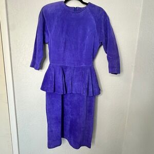 Vintage 80s Lauren Alexandre Purple Suede Peplum Dress Size 8 | Made‎ in Korea